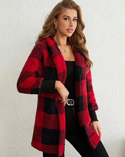 Plaid Long Sleeve Hooded Coat - ShopEasier