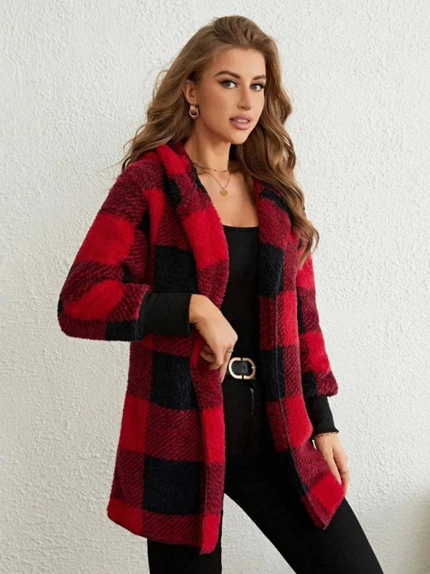 Plaid Long Sleeve Hooded Coat - ShopEasier