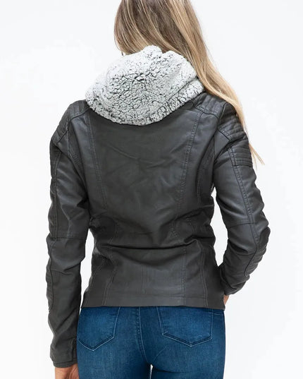 YMI Removable Faux Layered Multi-Pocket Jacket with Fuzzy Hood - ShopEasier