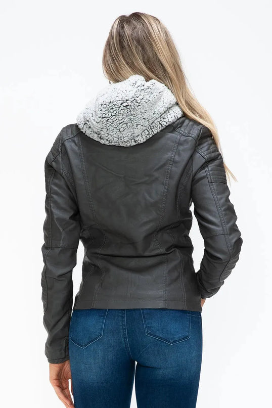 YMI Removable Faux Layered Multi-Pocket Jacket with Fuzzy Hood - ShopEasier