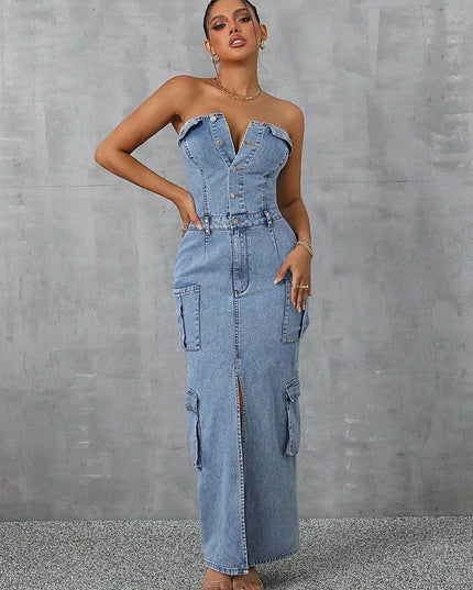 Slit Half Button Tube Denim Dress - ShopEasier