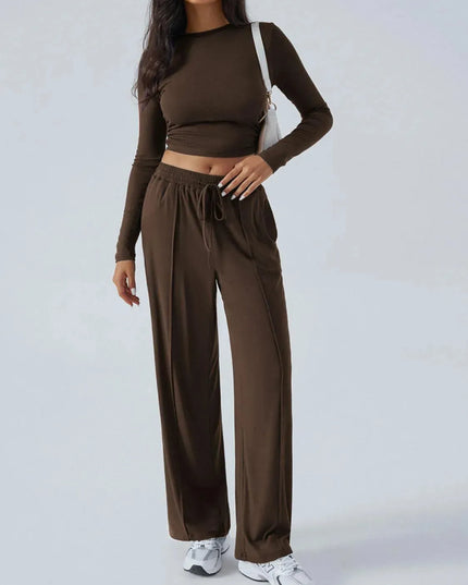 Chic Tied Long Sleeve Top and Pants Set with Pockets