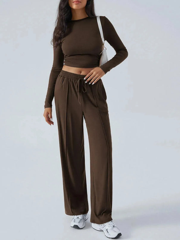 Chic Tied Long Sleeve Top and Pants Set with Pockets