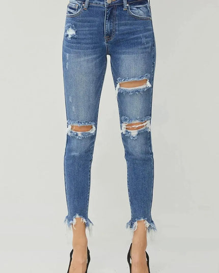 RISEN Distressed Frayed Hem Slim Jeans - ShopEasier