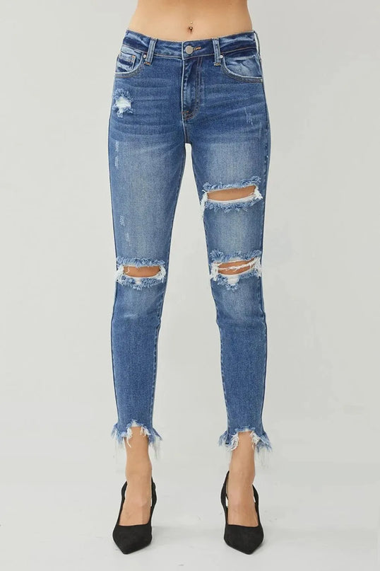 RISEN Distressed Frayed Hem Slim Jeans - ShopEasier