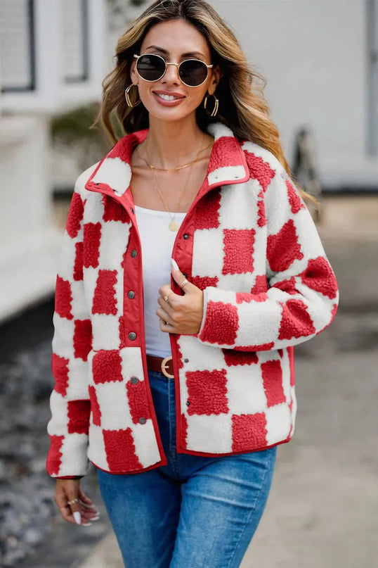 Checkered Snap Down Long Sleeve Teddy Jacket - ShopEasier