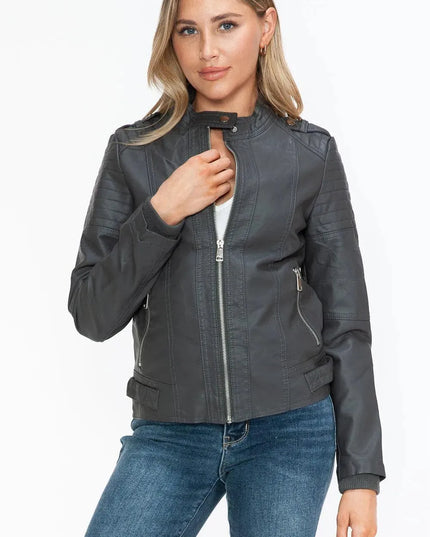 Snobbish PU Leather Biker Jacket with Side Zip Pockets - ShopEasier