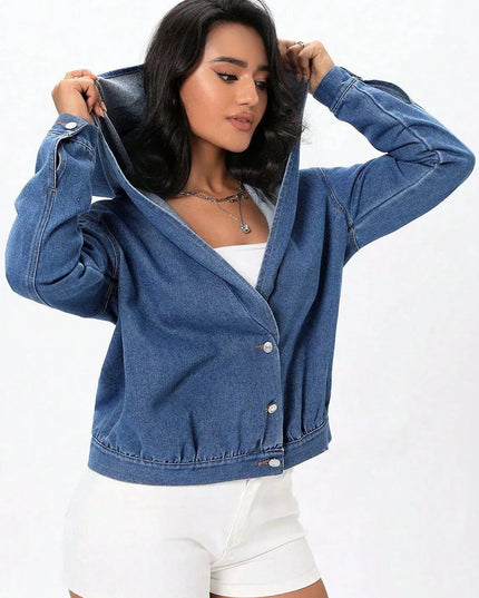 Button Up Hooded Denim Top - ShopEasier