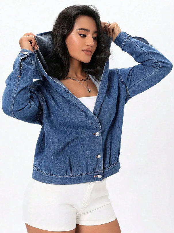 Button Up Hooded Denim Top - ShopEasier