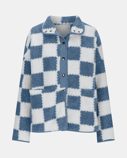 Checkered Snap Down Long Sleeve Teddy Jacket - ShopEasier