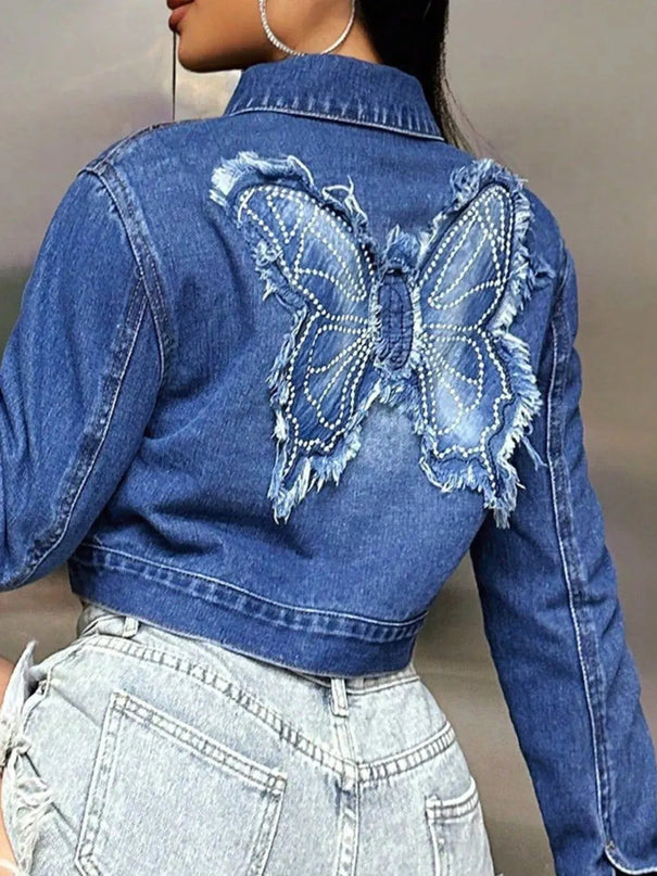 Butterfly Patch Long Sleeve Cropped Denim Top - ShopEasier