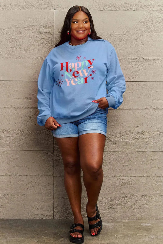 Simply Love Full Size HAPPY NEW YEAR Round Neck Sweatshirt - ShopEasier