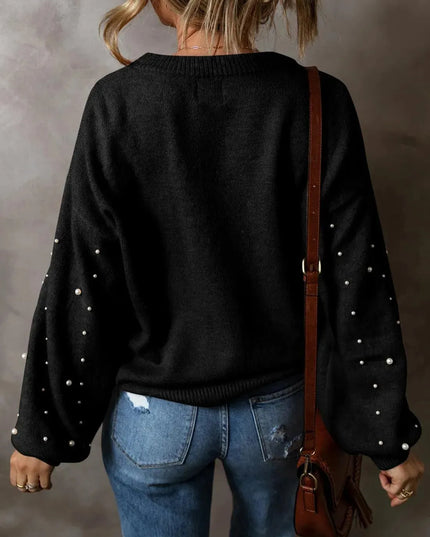 Elegant Pearl-Embellished Long Sleeve Knit Sweater