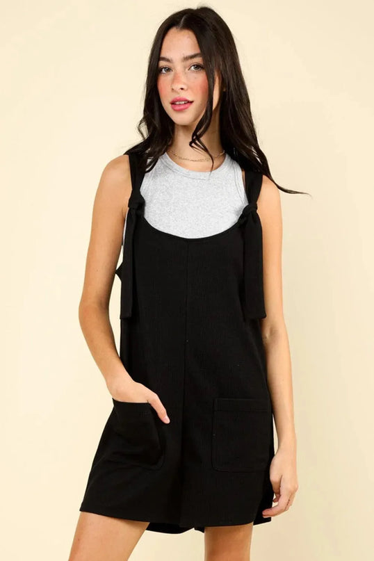 VERY J Tie Shoulder Front Pocket Romper - ShopEasier