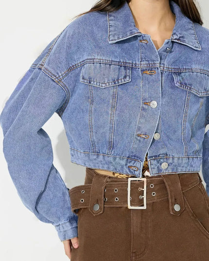 Collared Neck Dropped Shoulder Cropped Denim Top - ShopEasier