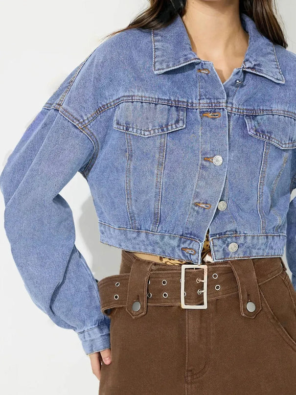 Collared Neck Dropped Shoulder Cropped Denim Top - ShopEasier