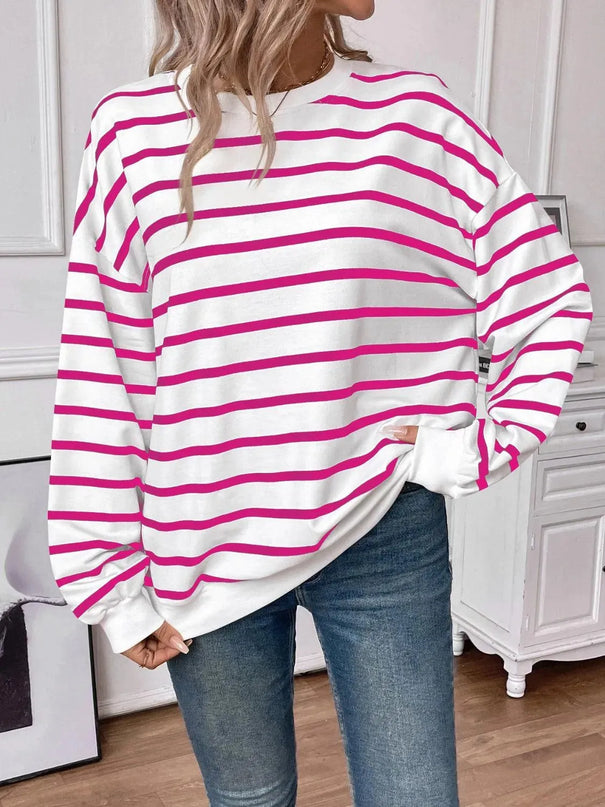 Chic Striped Round Neck Long Sleeve Sweatshirt