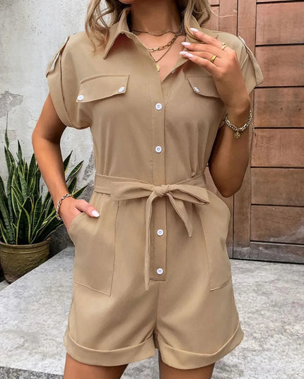 Perfee Collared Neck Tie Waist Romper with Pockets - ShopEasier