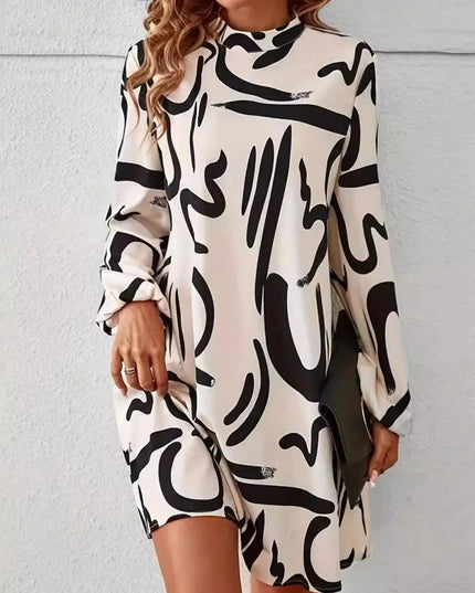 Printed Mock Neck Long Sleeve Mini Dress - ShopEasier