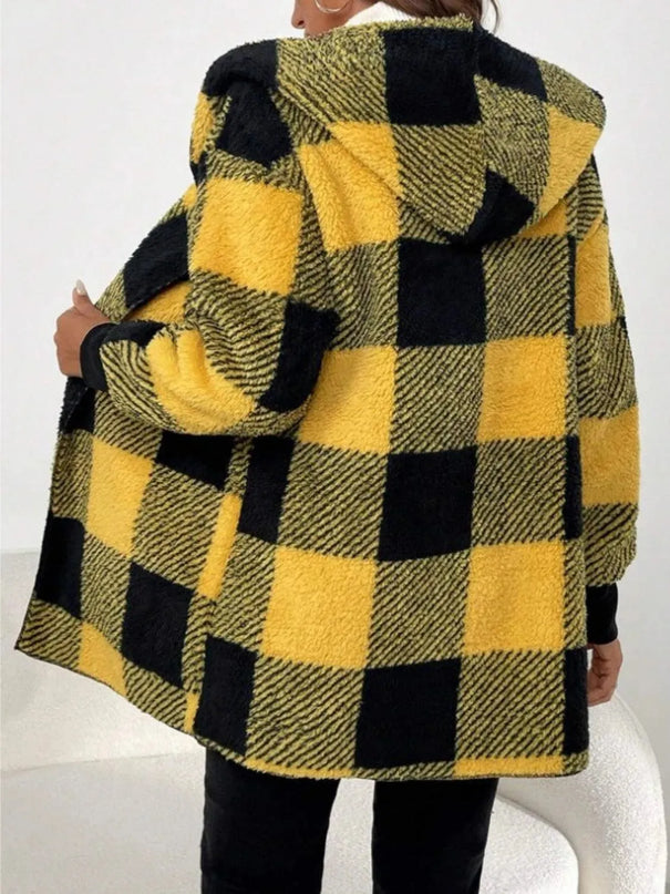 Plaid Long Sleeve Hooded Coat - ShopEasier