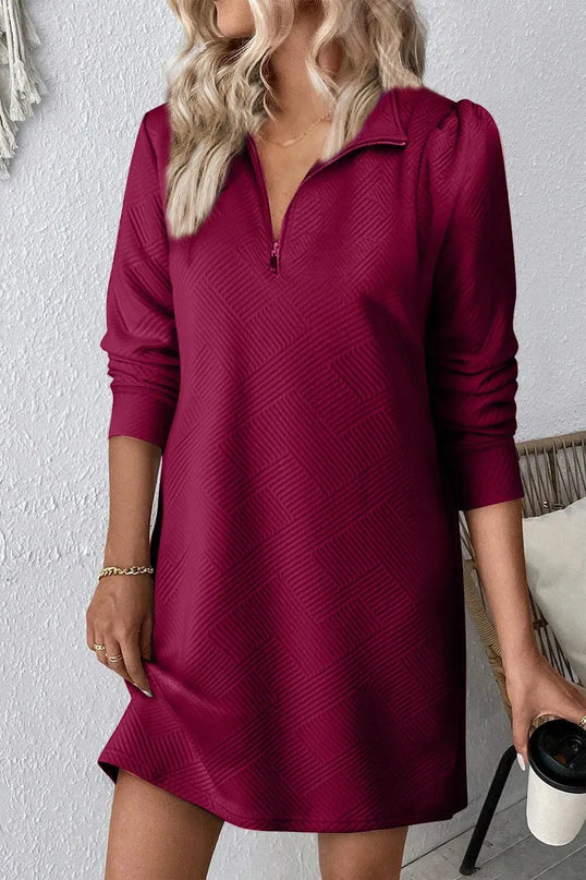 Double Take Textured Quarter Zip Long Sleeve Dress - ShopEasier