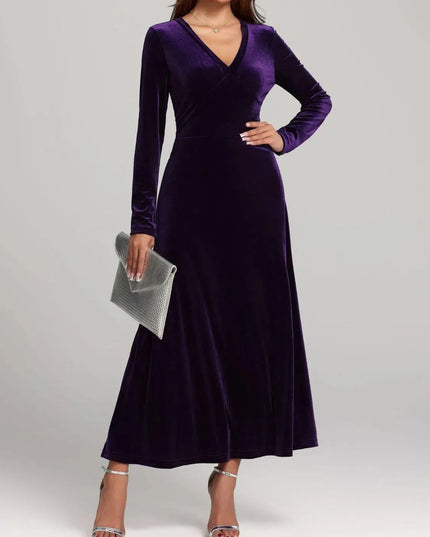 V-Neck Long Sleeve Velvet Dress - ShopEasier