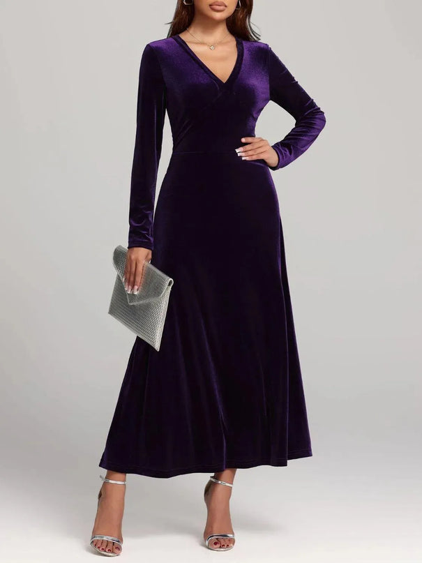 V-Neck Long Sleeve Velvet Dress - ShopEasier