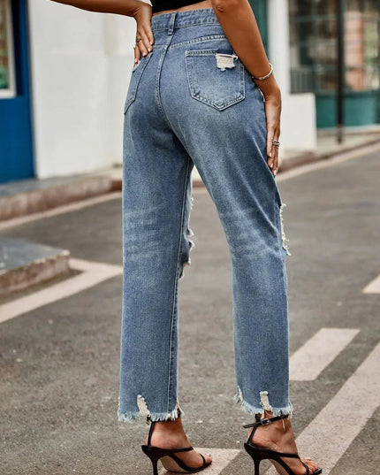 Distressed Raw Hem Jeans with Pockets - ShopEasier