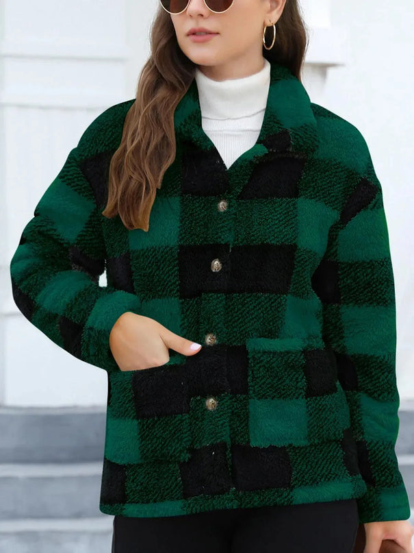 Button Up Drop Shoulder Fuzzy Jacket - ShopEasier