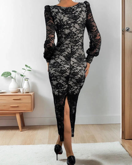 Perfee Lace Sweetheart Neck Long Sleeve Midi Dress