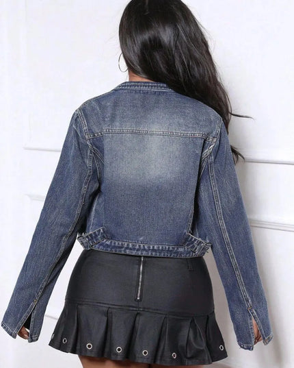 Zip Up Long Sleeve Denim Top - ShopEasier