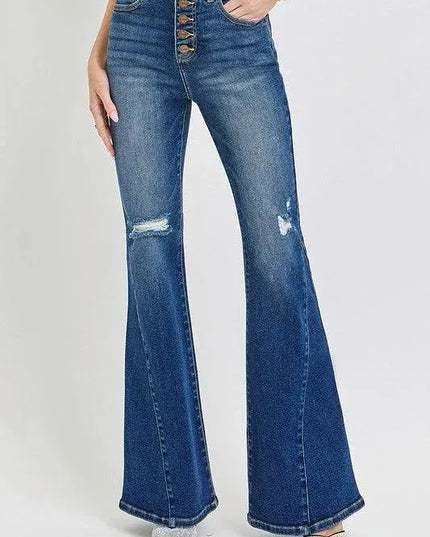 RISEN Distressed Button-Fly Flare Jeans - ShopEasier