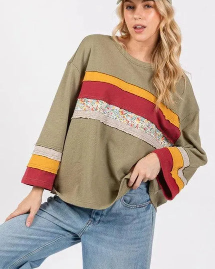 Color Blocked French Terry 3/4 Sleeve Top with Floral Contrast