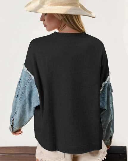 Double Take Raw Edge Star Contrast Sweatshirt - ShopEasier