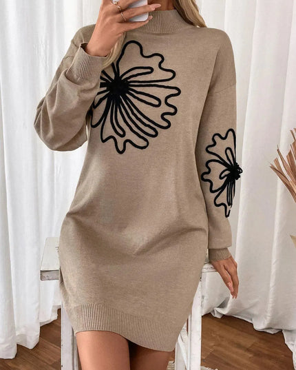 Perfee Flower Mock Neck Long Sleeve Sweater Dress