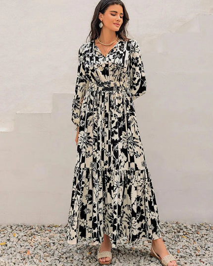 Smocked Printed Tie Neck Long Sleeve Dress - ShopEasier