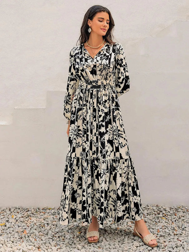 Smocked Printed Tie Neck Long Sleeve Dress - ShopEasier