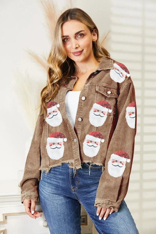 Chaqueta de Papá Noel con dobladillo sin rematar y adornos de lentejuelas