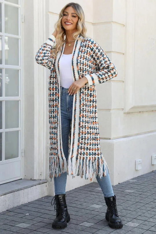 Angel Wings Full Size Multicolored Open Front Fringe Hem Cardigan - ShopEasier