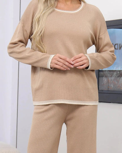 Two-Piece Round Neck Sweater Set with Contrast Trim