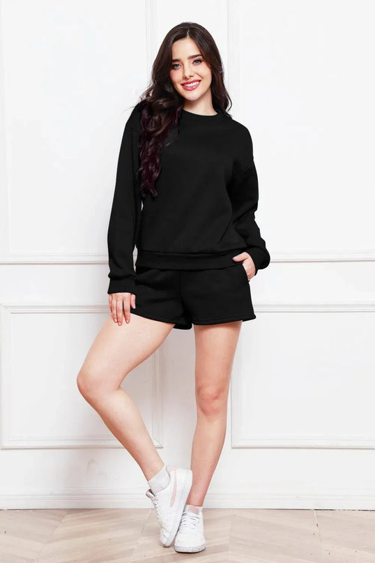 Two-Piece Drawstring Shorts and Long Sleeve Sweatshirt Set