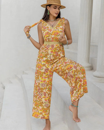 Floral Print V-Neck Tie-Shoulder Jumpsuit