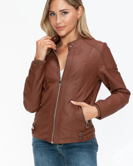 Snobbish Faux Leather Biker Jacket with Side Zip Pockets - ShopEasier