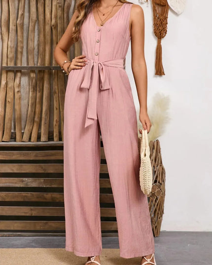 V-Neck Tie Waist Jumpsuit - ShopEasier