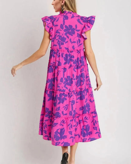 Oh Full Size Ruffled Printed Notched Cap Sleeve Midi Dress