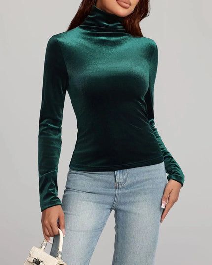 Sleek Solid Color Turtleneck Long Sleeve Top