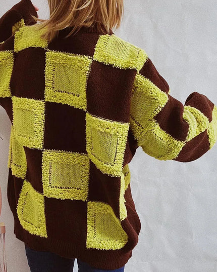 Checkered Round Neck Long Sleeve Sweater - ShopEasier