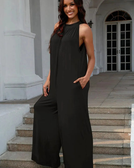 Double Take Full Size Tie Back Cutout Sleeveless Jumpsuit - ShopEasier