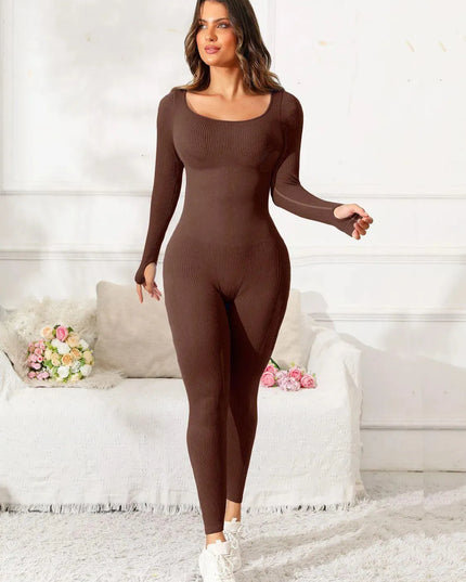 Scoop Neck Long Sleeve Active Jumpsuit - ShopEasier