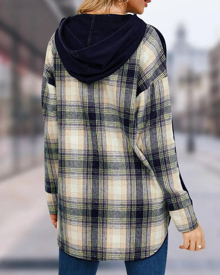 Plaid Drawstring Long Sleeve Slit Hoodie - ShopEasier